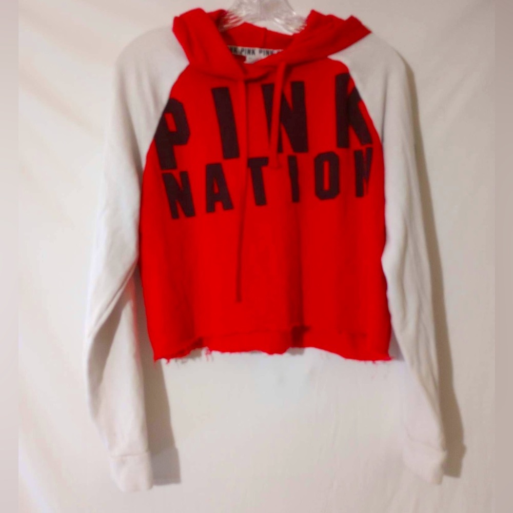 Pink- Red and White long sleeve cropped hoodie. Size medium